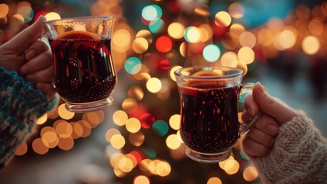 Hands holding mulled wine mugs with blurred Christmas lights behind