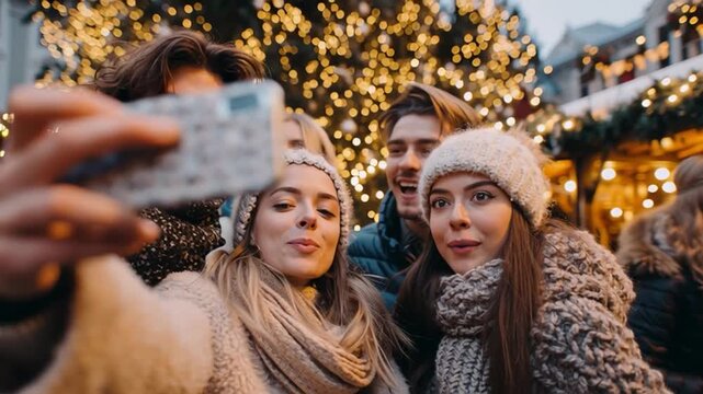 Friends taking a selfie in front of a decorated Christmas tree at the market