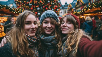 Friends taking a selfie in front of a decorated Christmas tree at the market - Powered by Adobe