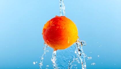 Peach in splashing water against a light blue backdrop