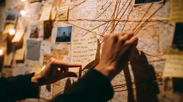 Person pinning strings and notes onto a conspiracy theory board