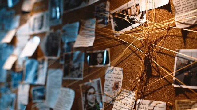 Person pinning strings and notes onto a conspiracy theory board