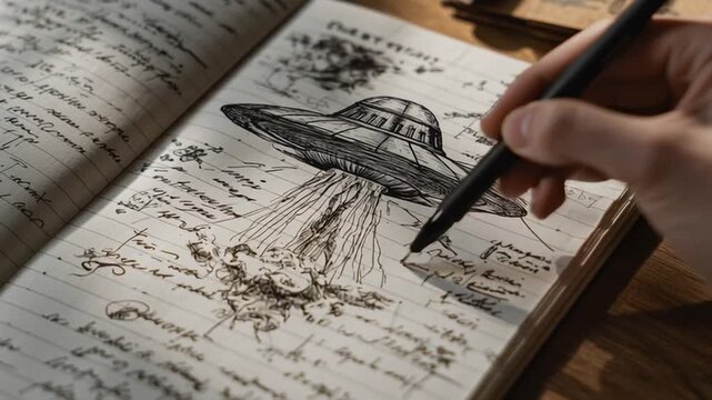 UFO illustration drawn on a notebook with scribbled notes
