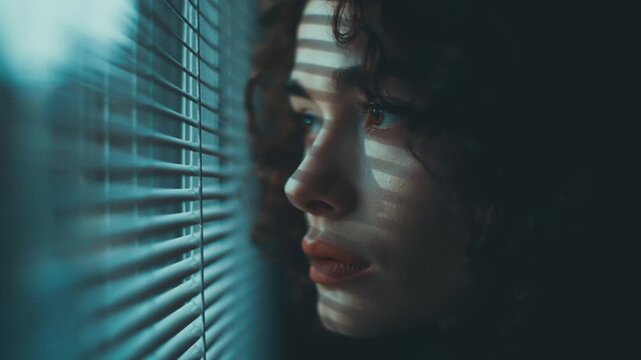 Person looking out a window with blinds half closed, suspicious mood