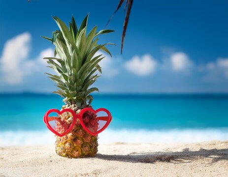 pineapple wearing heart sunglasses on beach tropical