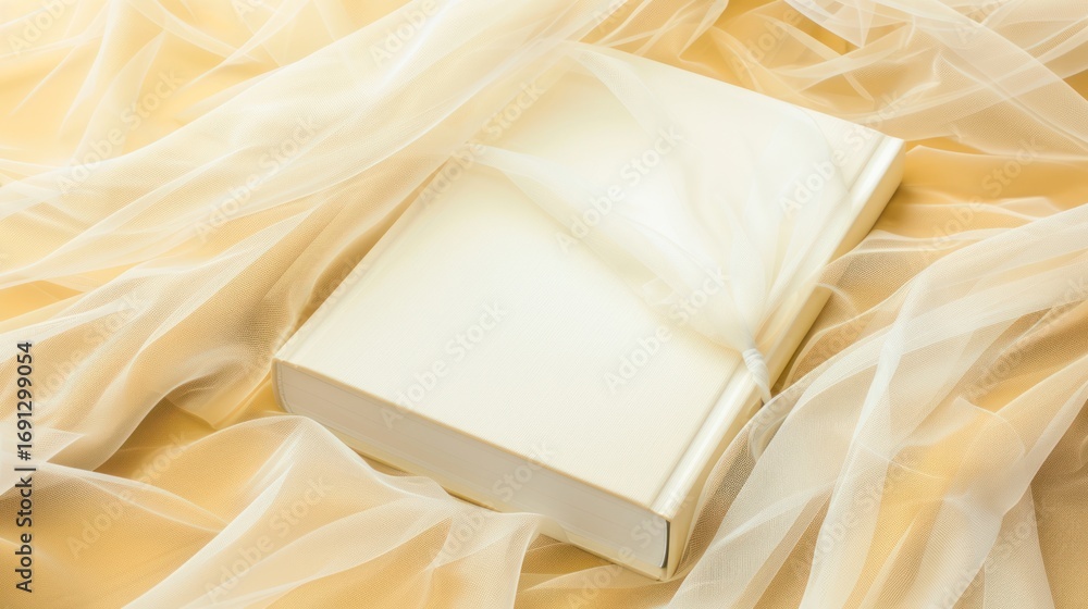 Poster open blank notebook lying on soft cream satin fabric with sheer overlay for creative or stationery u