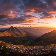 Scenic mountain landscape at sunrise, golden light,  atmospheric clouds, panoramic photography style, high resolution, perfect for travel ads ,no people,