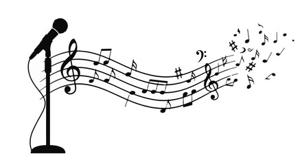 Microphone stands beside flowing musical notes, symbolizing the art of singing and sound.