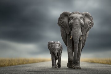 Naklejka premium African elephants mother and calf on road