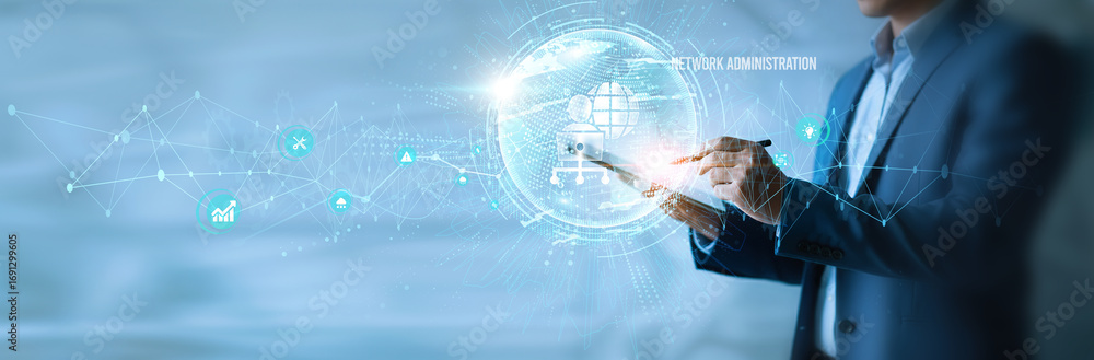 Poster businessman using tab network administration icon with global network. server monitoring, secure con