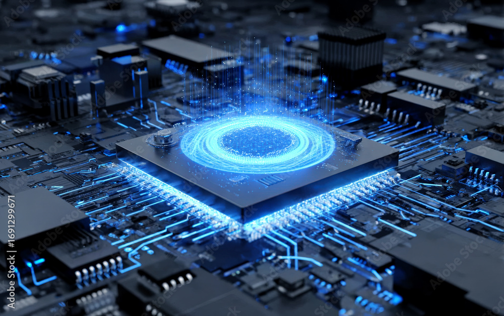 Poster high-tech circuit board with glowing central processor