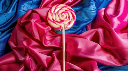 Pink and Blue Satin Fabric with Swirled Candy Lollipop on Colorful Silky Background