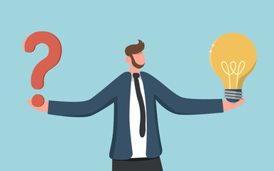 Finding creative ways to solve business problems, creativity or intelligence to generate new ideas or opportunities, thought process or logic to achieve goals, man holding light bulb and question mark