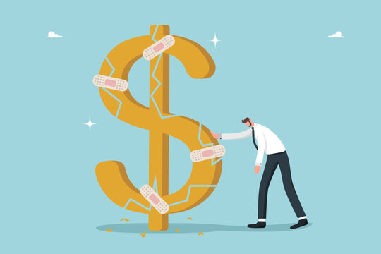 Preventing dollar currency collapse, finding survival strategy during economic crisis or market collapse, analyzing reasons for financial difficulties, tired man near crumbling dollar in plasters.