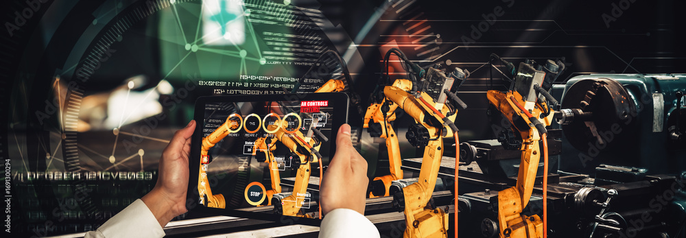 Aufkleber engineer controls robotic arms by augmented reality industry technology application software. smart 