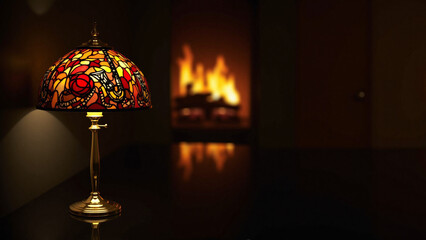 Tiffany-style lamp illuminating the room with a cozy fireplace in background  