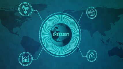 Global internet connection concept with glowing earth and business icons on world map background, symbolizing interconnectedness, communication, and digital transformation in a modern world - Powered by Adobe