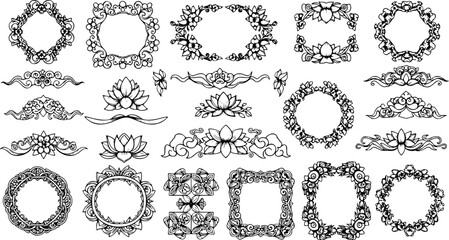 Set of Hand Drawn Oriental Elements and Floral Frames. Luxury Decorative Label Design Vector Illustrations