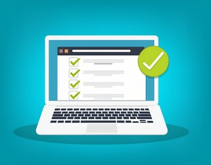 digital user review with check mark on laptop screen for customer satisfaction feedback