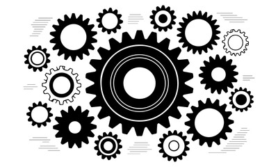 Gear icon vector set, black cogwheel vector collection, mechanical gear shapes, engineering symbols, industrial machinery, sprocket designs, abstract gearwheel graphics