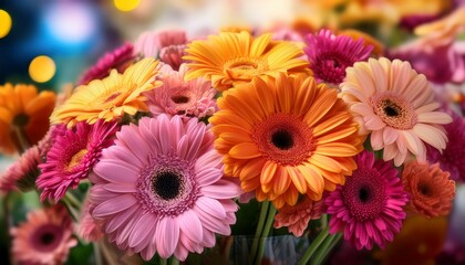 gerbera bouquet with pink orange yellow flowers dark centers tightly arranged blurred background with other flowers in bright colorful atmosphere