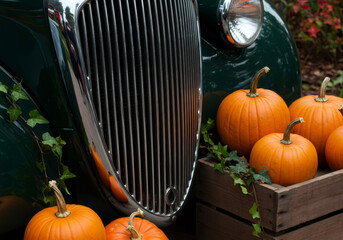 Pumpkins and ivy on wooden crate next to vintage dark green car. Auto show display with autumn decoration for Halloween.
