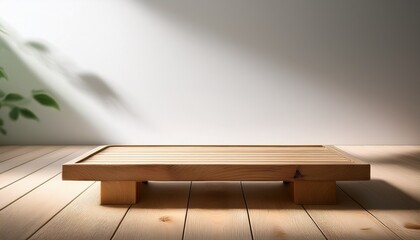 a simple wooden platform stands against a neutral white wall