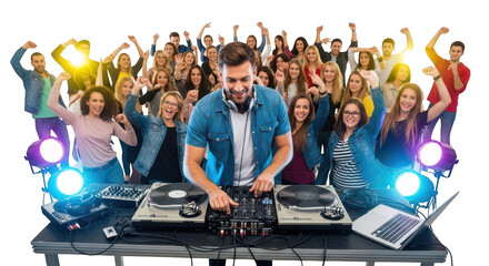 Dj playing music for energetic crowd at nightclub party event transparent background