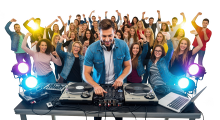 Dj playing music for energetic crowd at nightclub party event transparent background