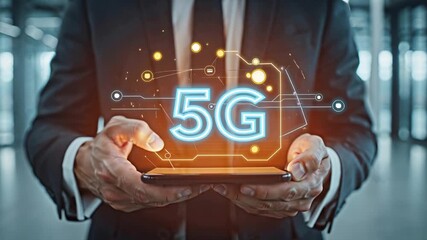 businessman hands holding smartphone, 5G inscription, high-speed internet concept - Powered by Adobe