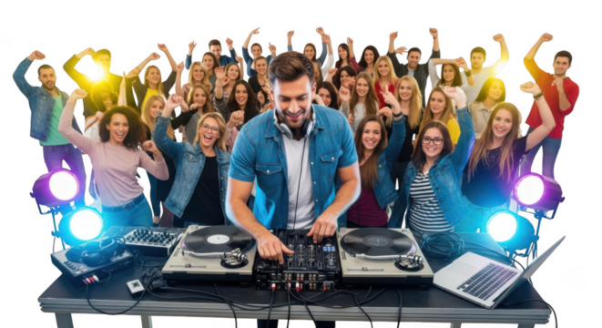 Dj playing music for energetic crowd at nightclub party event transparent background