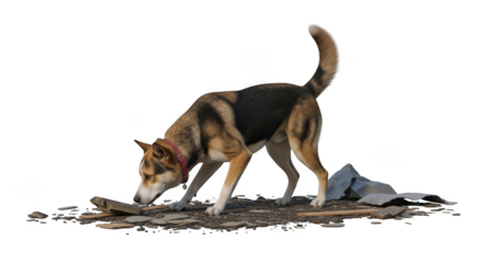 Tri-colored dog sniffing forest floor with natural light transparent background