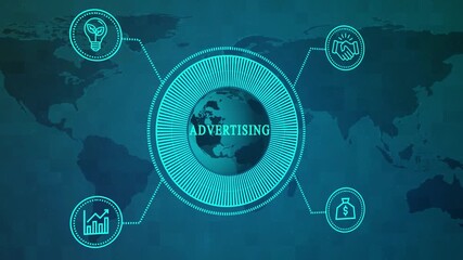 Advertising concept with earth globe and business icons on world map background futuristic interface with light bulb, handshake, money bag, and graph advertising strategy and global reach. - Powered by Adobe