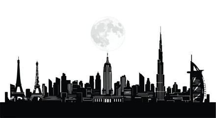 Iconic city skylines silhouette under a full moon, representing global urban grandeur and nighttime atmosphere.