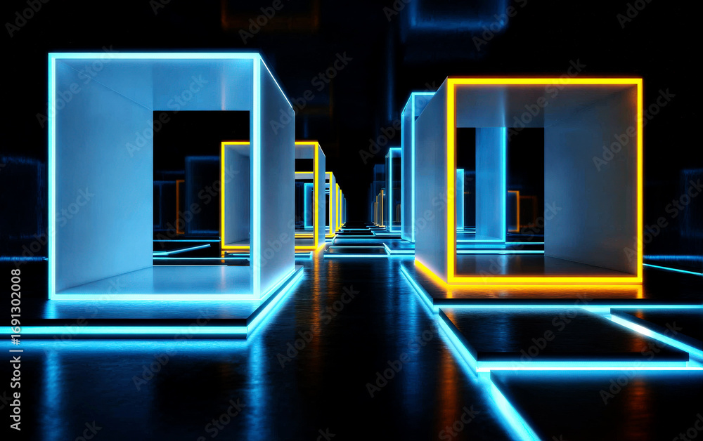Poster neon lit geometric cubes creating a futuristic and technological scene