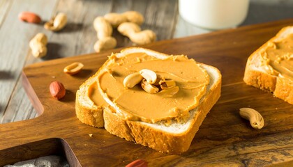Peanut butter sandwich close-up on a wooden board
