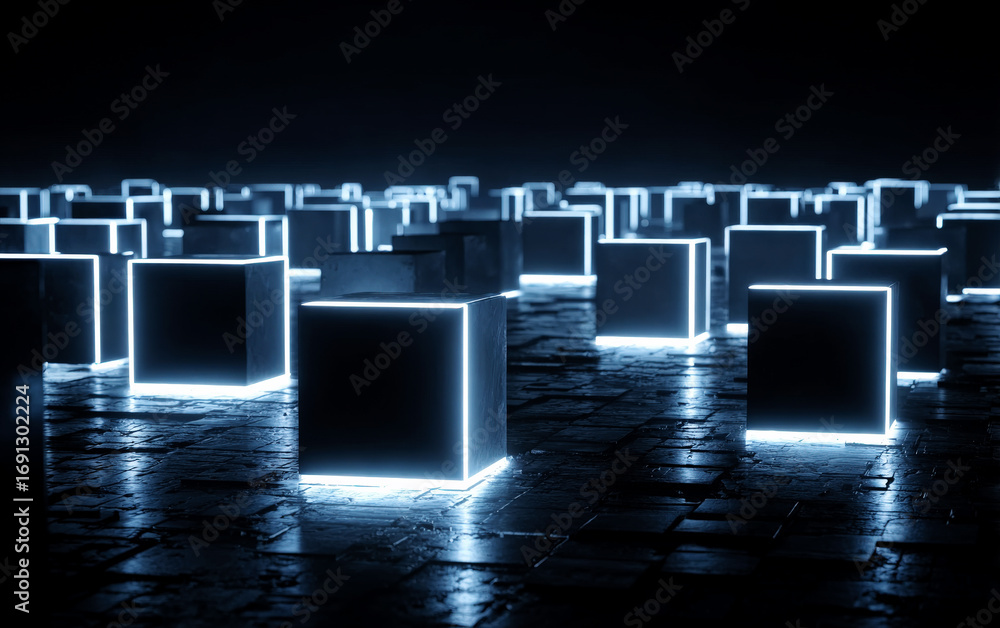 Aufkleber a group of glowing cubes in a dark environment creating a futuristic scene