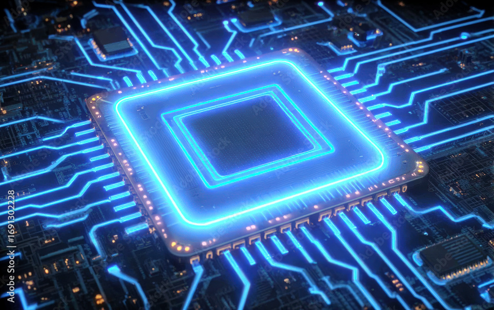 Poster high-tech circuit board with glowing cpu and blue circuits