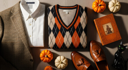 Preppy Halloween outfit with an argyle vest, blazer, and pumpkins for Autumn fashion and holiday celebration.