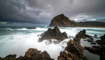 Dramatic coastal scene with rough waves and dark rocks
