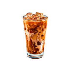 Iced coffee with milk swirling, filled with ice cubes transparent in tall glass