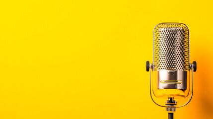A studio microphone isolated on a bright yellow background, presented in a clean and minimalist product showcase.
