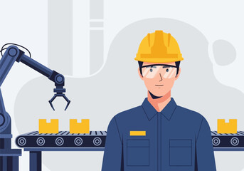 An industrial worker in a protective helmet stands in front of a conveyor belt with boxes and a robotic arm