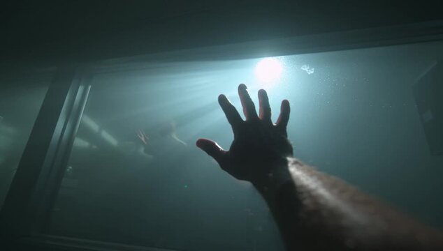 Patients forearm visible in medium shot as it reaches up to wave softly behind a fogged isolation window inside a dedicated containment unit for Clade I mpox.