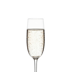 Elegant flute glass filled with sparkling champagne, isolated on white.