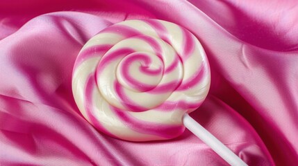 Pink and White Swirled Lollipop Resting on Smooth Pink Satin Fabric