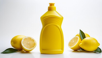 yellow plastic dishwashing liquid bottle with lemon scent on white background