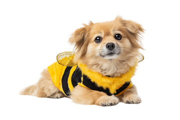 Small fluffy dog wearing a yellow and black bee costume isolated on a transparent background puppy canine