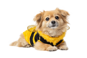 Small fluffy dog wearing a yellow and black bee costume isolated on a transparent background puppy canine