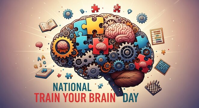 National Train Your Brain Day concept with gears and puzzle pieces.